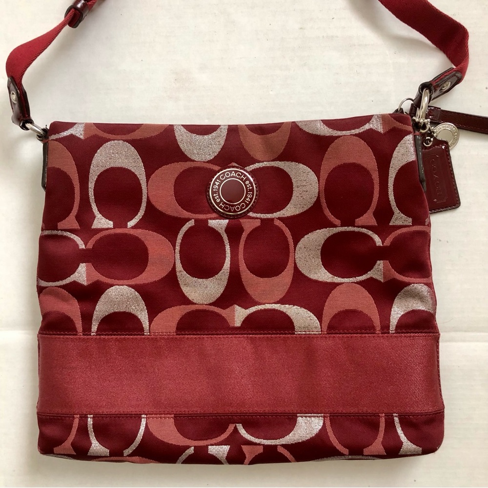 Coach Legacy Signature Burgundy Silver Metallic Shoulder Crossbody Bag F20430